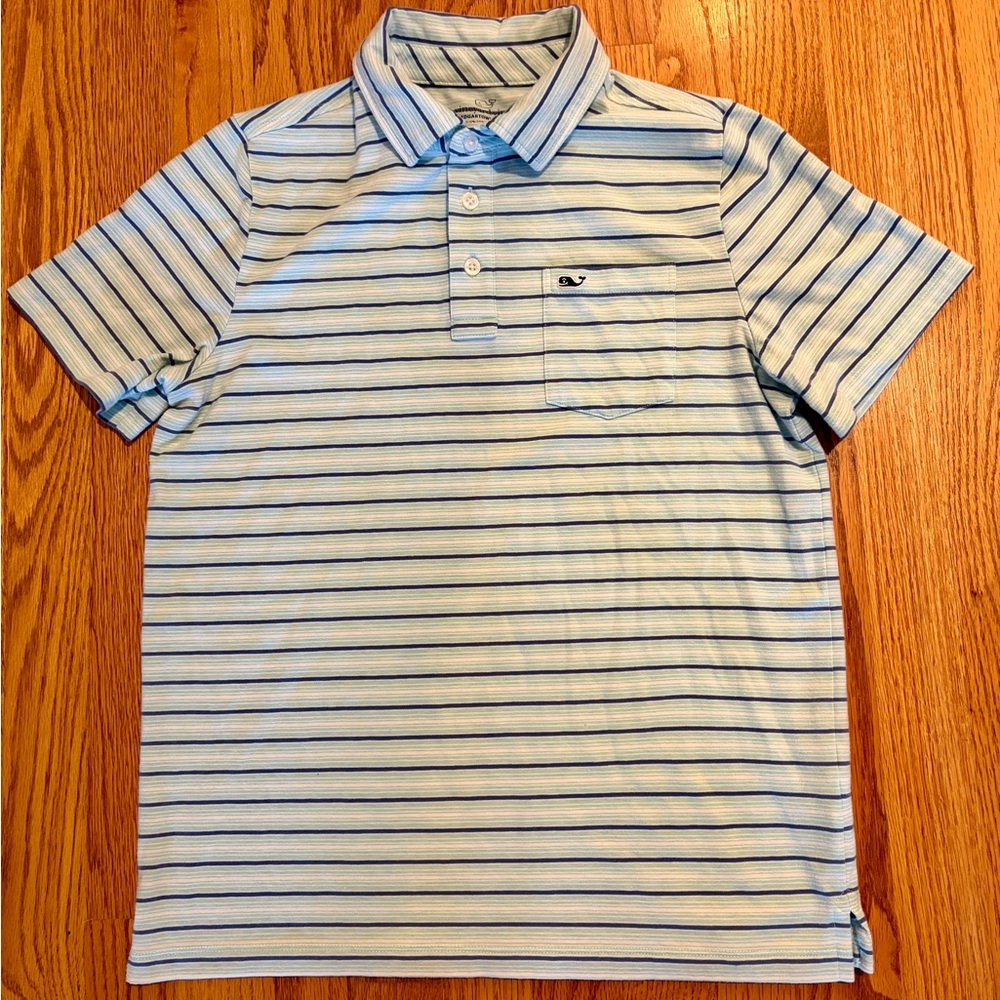 Vineyard Vines Edgartown Green, Blue & White Striped Polo Shirt Boys L 16